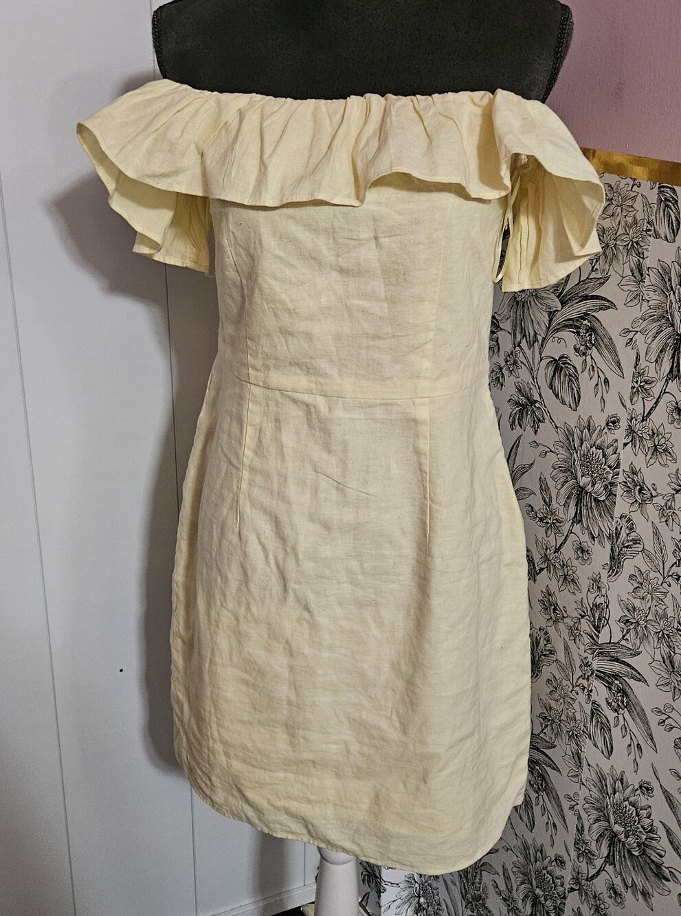 H&M Off-Shoulder Ruffle Mini Dress in Pale Yellow